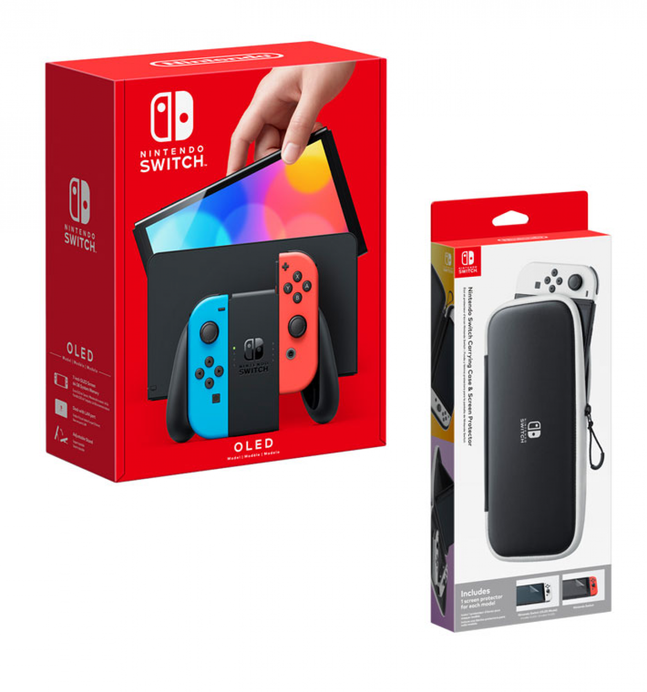 Console Nintendo Switch (Modèle OLED) - Rouge néon/bleu avec étui de transport
